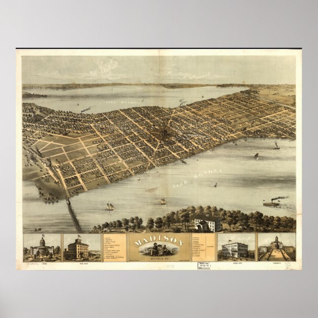 Póster Mapa Panorâmico Antigo do Madison WI 1867 (Frente)