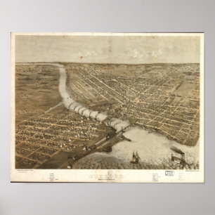Póster Mapa panorâmico antigo dos WI 1867 de Oshkosh