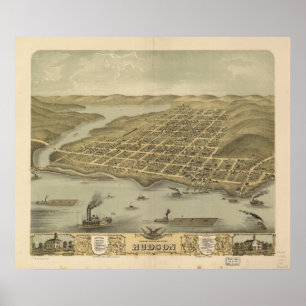 Póster Mapa panorâmico antigo dos WI 1870 de Hudson