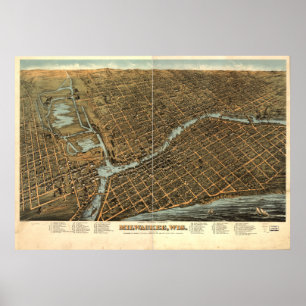 Poster Mapa panorâmico antigo dos WI 1872 de Milwaukee