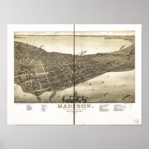 Poster Mapa panorâmico antigo dos WI 1885 de Madison