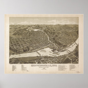 Poster Mapa panorâmico antigo dos WI 1886 de Chippewa