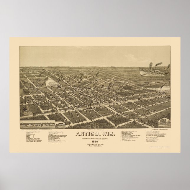 Poster Mapa Panorâmico Antigo, WI - 1886 (Frente)