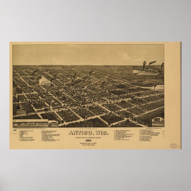 Póster Mapa Panorâmico Antigo, Wisconsin, 1886 (Frente)