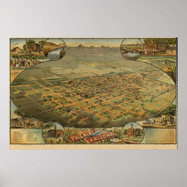 Poster Mapa Panorâmico Antiquado da Arizona Phoenix 1885 (Frente)