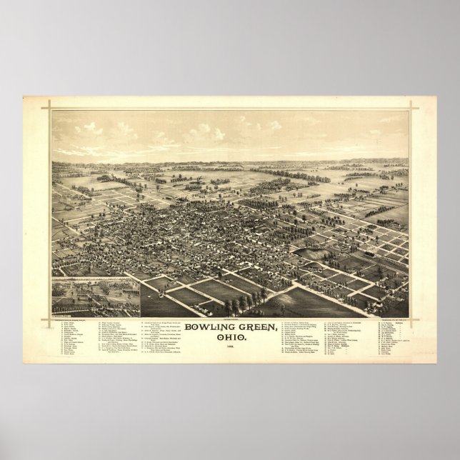 Póster Mapa Panorâmico Antiquado da boliche Green Ohio 18 (Frente)