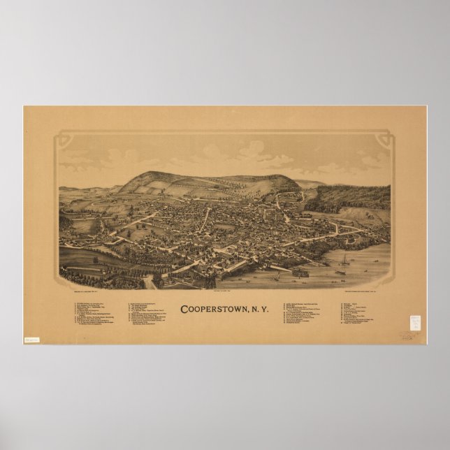 Póster Mapa Panorâmico Antiquado da Cooperstown New York  (Frente)