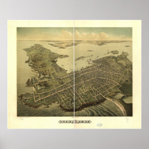 Póster Mapa Panorâmico Antiquado da Ilha Newport Rhode 18