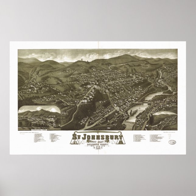 Póster Mapa Panorâmico Antiquado da rua Johnsbury Vermont (Frente)