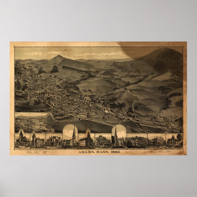 Póster Mapa Panorâmico Antiquado de Adams Massachusetts 1 (Frente)