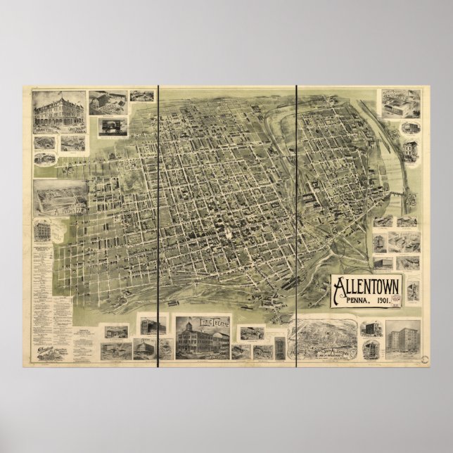 Poster Mapa Panorâmico Antiquado de Allentown Pennsylvani (Frente)