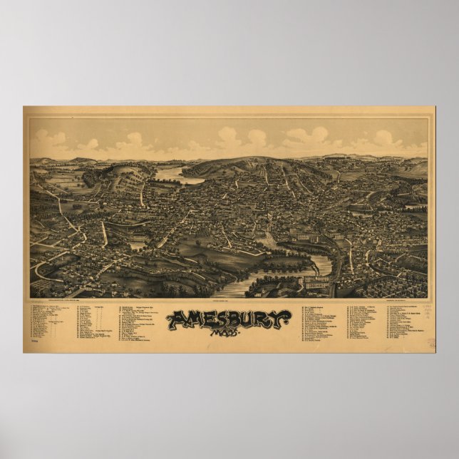 Poster Mapa Panorâmico Antiquado de Amesbury Massachusett (Frente)