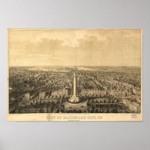 Póster Mapa Panorâmico Antiquado de Baltimore Maryland 1