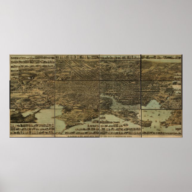 Póster Mapa Panorâmico Antiquado de Baltimore Maryland 18 (Frente)