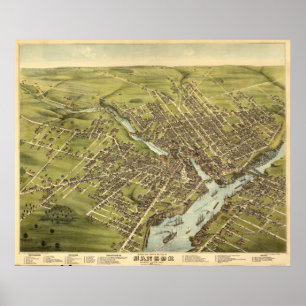 Poster Mapa Panorâmico Antiquado de Bangor Maine 1875