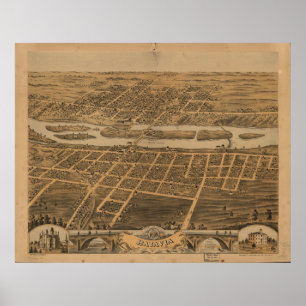 Póster Mapa Panorâmico Antiquado de Batavia Illinois 1869