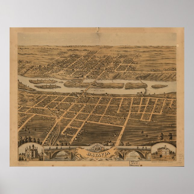 Póster Mapa Panorâmico Antiquado de Batavia Illinois 1869 (Frente)