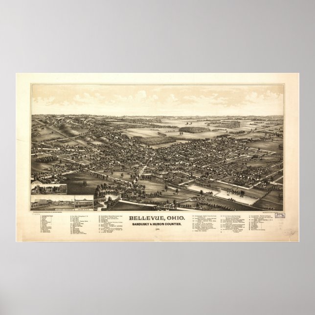 Póster Mapa Panorâmico Antiquado de Bellevue Ohio 1888 (Frente)