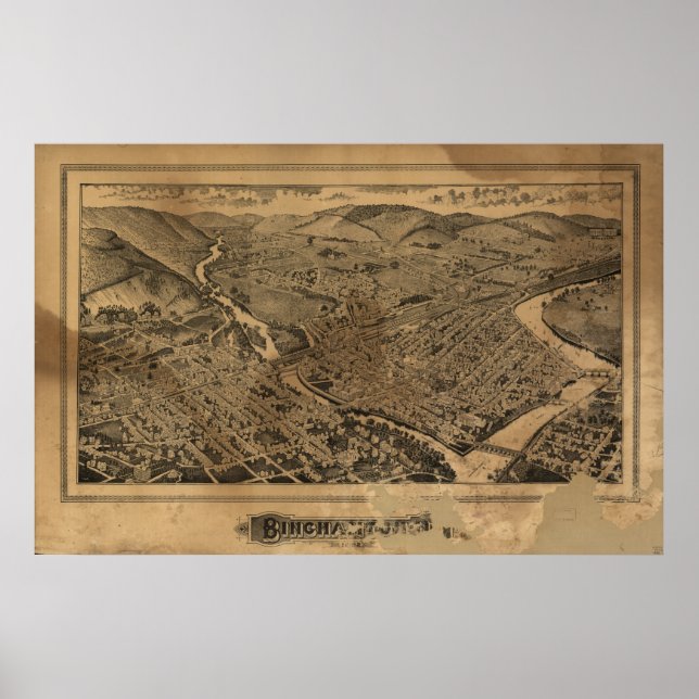 Póster Mapa Panorâmico Antiquado de Binghamton Nova Iorqu (Frente)