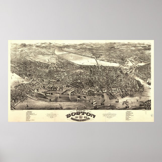 Póster Mapa Panorâmico Antiquado de Boston Massachusetts  (Frente)