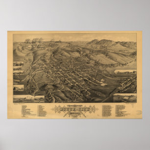 Poster Mapa Panorâmico Antiquado de Butte Montana 1884