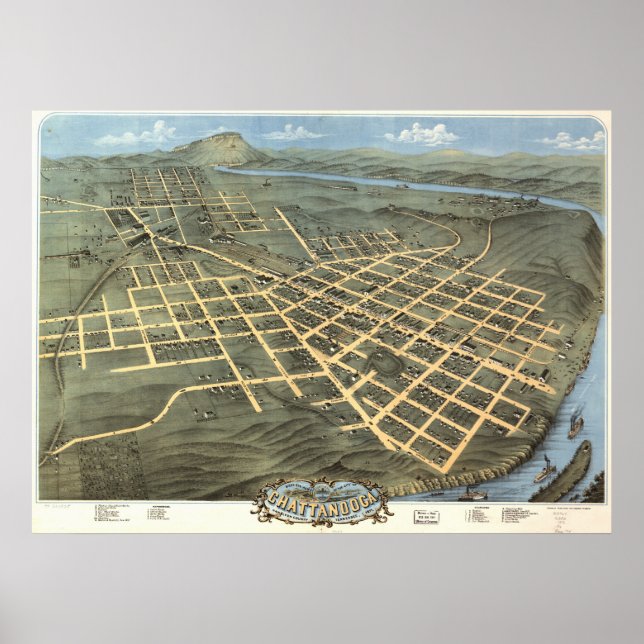 Poster Mapa Panorâmico Antiquado de Chattanooga Tennessee (Frente)
