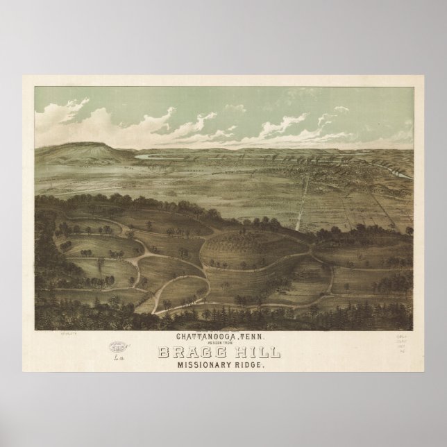 Póster Mapa Panorâmico Antiquado de Chattanooga Tennessee (Frente)