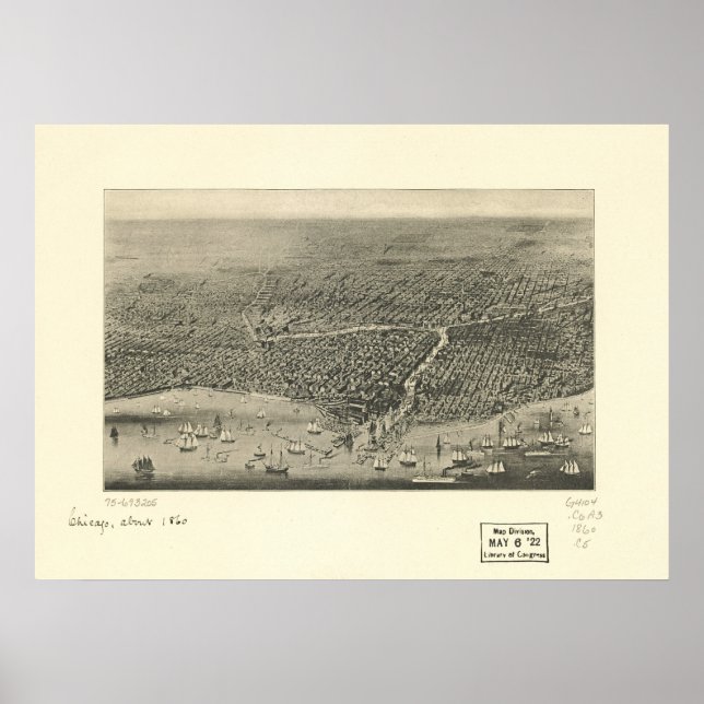 Póster Mapa Panorâmico Antiquado de Chicago Illinois 1860 (Frente)