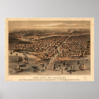 Poster Mapa Panorâmico Antiquado de Chicago Illinois 1871