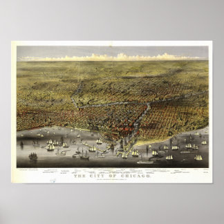 Póster Mapa Panorâmico Antiquado de Chicago Illinois 1874
