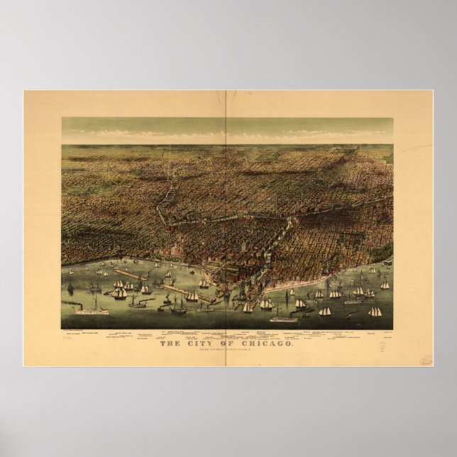 Póster Mapa Panorâmico Antiquado de Chicago Illinois 1892 (Frente)