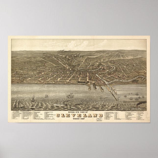 Póster Mapa Panorâmico Antiquado de Cleveland Ohio 1877 (Frente)