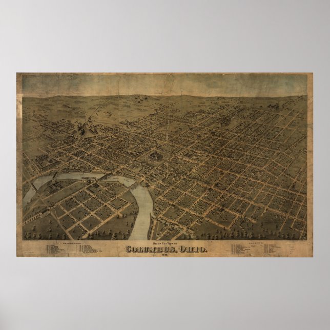 Poster Mapa Panorâmico Antiquado de Columbus Ohio 1872 (Frente)