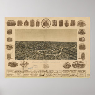 Poster Mapa Panorâmico Antiquado de Dallas Texas 1892