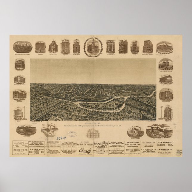 Poster Mapa Panorâmico Antiquado de Dallas Texas 1892 (Frente)