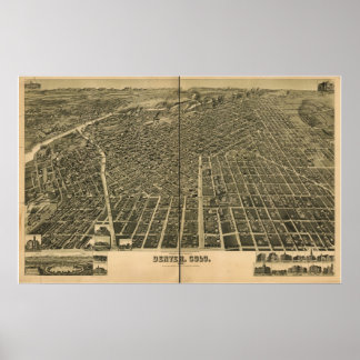 Póster Mapa Panorâmico Antiquado de Denver Colorado 1889