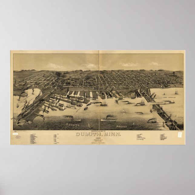 Poster Mapa Panorâmico Antiquado de Duluth Minnesota 1887 (Frente)