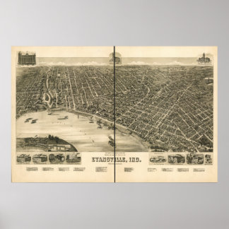 Poster Mapa Panorâmico Antiquado de Evansville Indiana 18