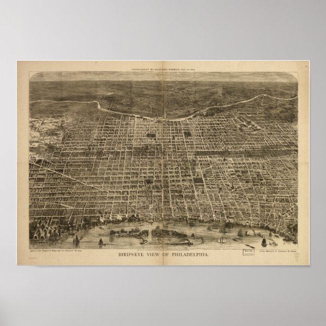 Póster Mapa Panorâmico Antiquado de Filadélfia Penn 1872 (Frente)