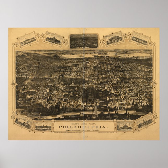 Póster Mapa Panorâmico Antiquado de Filadélfia Penn 1876 (Frente)