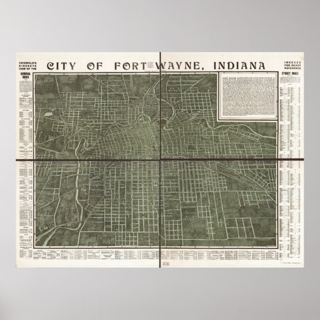Poster Mapa Panorâmico Antiquado de Fort Wayne Indiana 19 (Frente)
