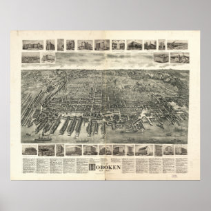 Póster Mapa Panorâmico Antiquado de Hoboken New Jersey 19
