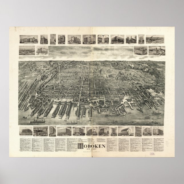 Póster Mapa Panorâmico Antiquado de Hoboken New Jersey 19 (Frente)