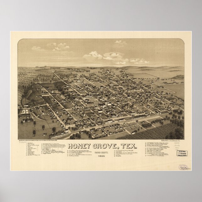 Póster Mapa Panorâmico Antiquado de Honey Grove Texas 188 (Frente)