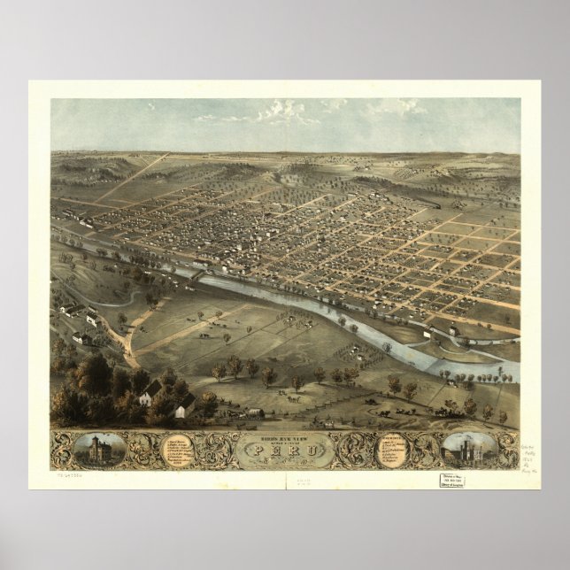 Poster Mapa Panorâmico Antiquado de Indiana 1868 no Peru (Frente)