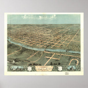 Poster Mapa Panorâmico Antiquado de Iowa 1868