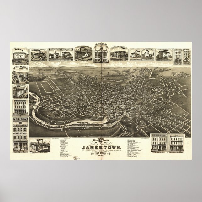 Poster Mapa Panorâmico Antiquado de Jamestown Nova Iorque (Frente)