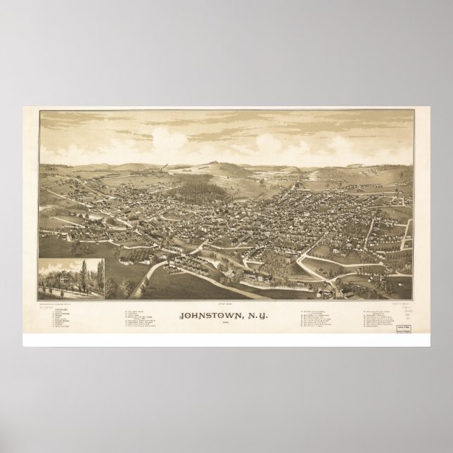 Poster Mapa Panorâmico Antiquado de Johnstown Nova York 1 (Frente)