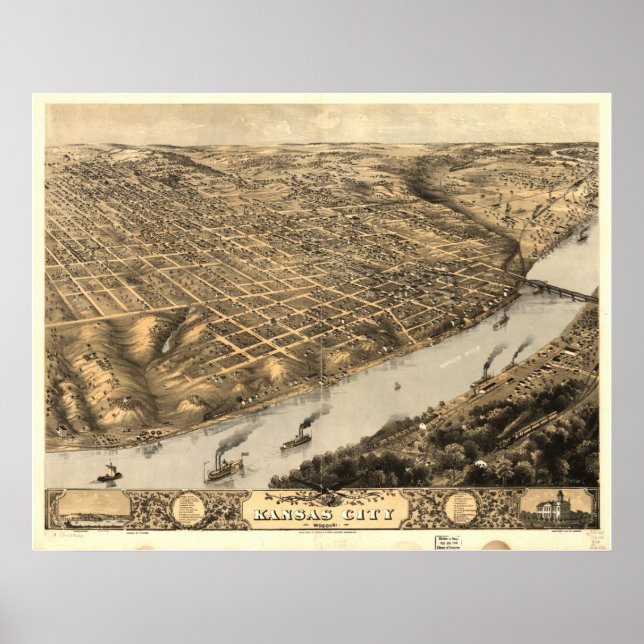 Póster Mapa Panorâmico Antiquado de Kansas City Missouri  (Frente)