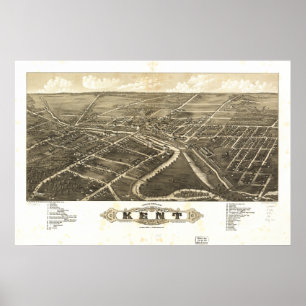 Póster Mapa Panorâmico Antiquado de Kent Ohio 1882
